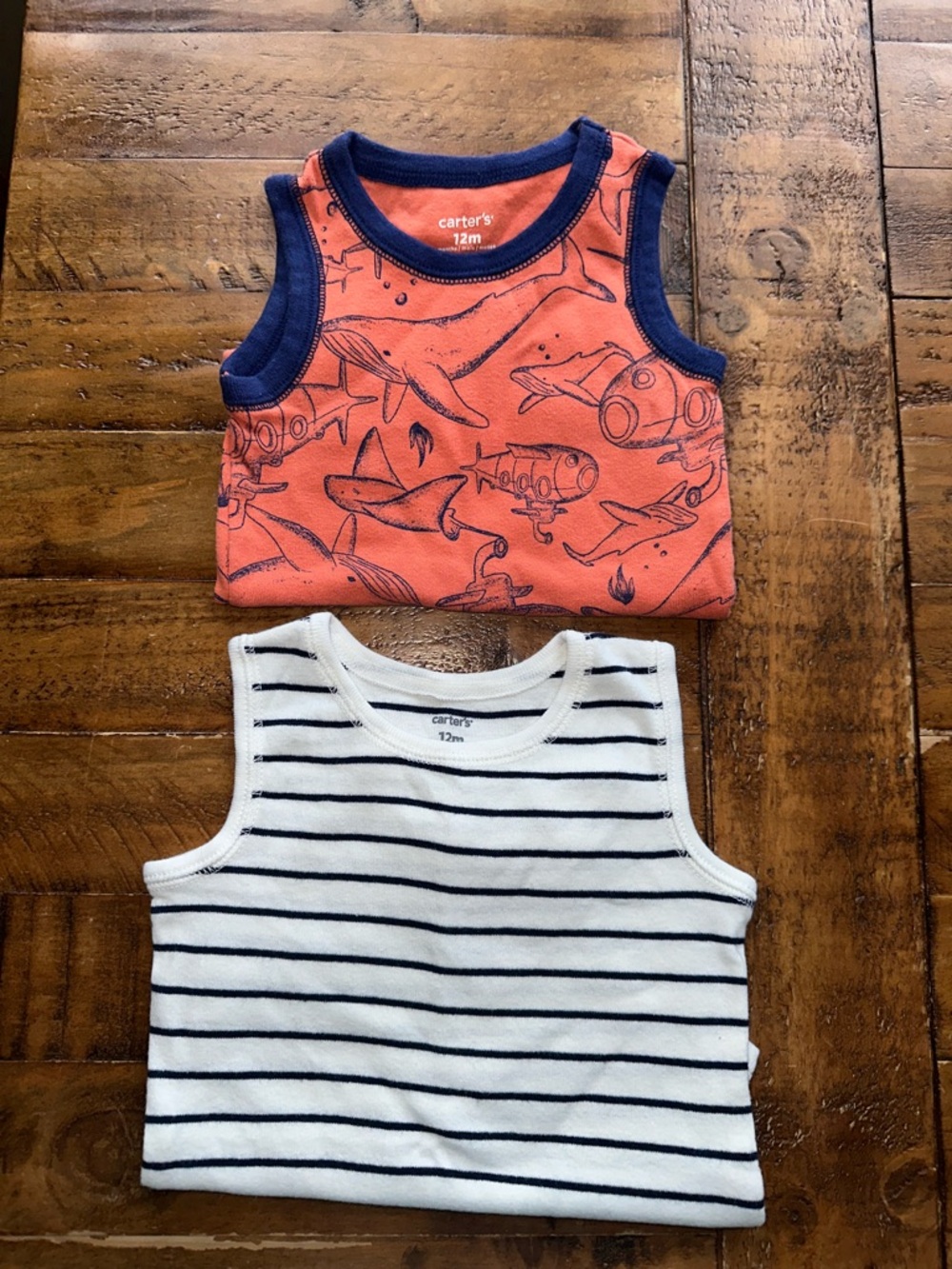 Carter's Coral Airplane Print & White Navy Stripe Tank Tops - 2-Pack